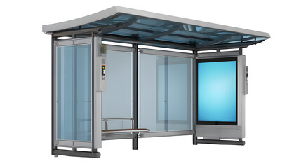 Modern bus shelter with blank digital display, isolated on transparent background