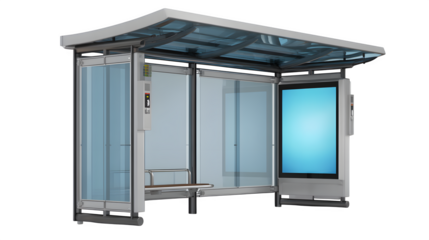 Modern bus shelter with blank digital display, isolated on transparent background