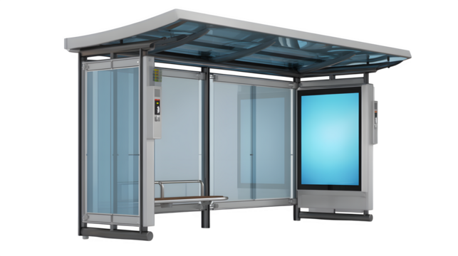 Modern bus shelter with blank digital display, isolated on transparent background - Powered by Adobe