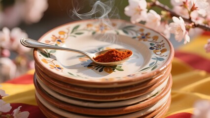Stack of floral plates with a spoon holding steaming red spice, set against a backdrop of cherry blossoms.
