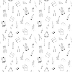 Stationery and school supplies, seamless pattern, hand drawing, vector illustration