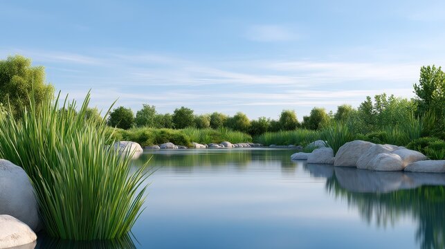 Serene river landscape with lush greenery and smooth water under a clear blue sky.