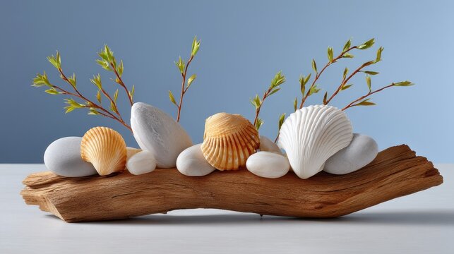 Artistic arrangement of seashells and stones on driftwood with soft blue background. - Powered by Adobe