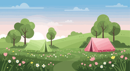 Naklejka premium Green And Pink Tents In A Field Of Wildflowers Camping Adventure Holiday