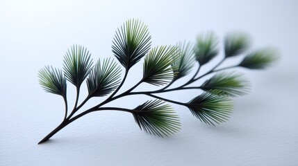 Naklejka premium A detailed close-up of a green and black leaf branch on a soft white background.