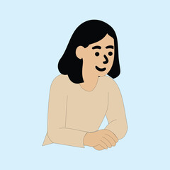 Vector illustration of a black-haired woman leaning back with her hands resting in front of her. She's wearing a cream-colored long-sleeved top and has a smiling expression. The style is simple, flat 
