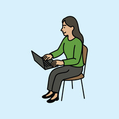 Vector illustration of a woman sitting in a chair typing on a laptop. She's wearing a long-sleeved green top and dark trousers, with black shoes. The illustration uses a simple, flat style