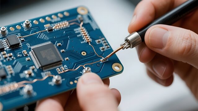 Person soldering a component onto a blue circuit board