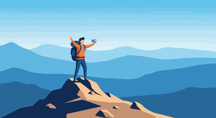 Hiker on mountain peak taking a selfie with a vast mountain range backdrop providing a sense of achievement and exploration
