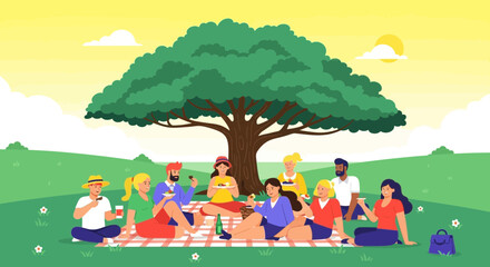 Group Of Friends Having Relaxing Picnic Outdoors In The Park At Sunny Day