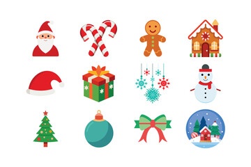 Christmas Celebration Clipart Set – Santa, Elf, Tree, Reindeer, Hat, Lights, and Gift Box Vector Illustrations 