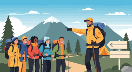 Fototapeta premium Guided Group Hike Adventure On The Mountain Trail Scenic Landscape