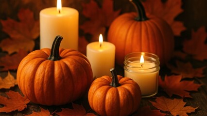 Cozy autumn pumpkins candlelight scene.