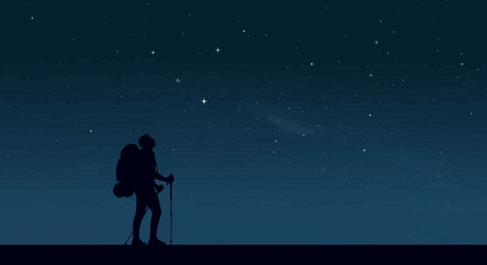 Obraz premium Hiker Silhouette Contemplates Starlit Sky On Night Adventure Vector Illustration