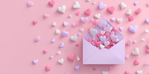 A light purple envelope overflowing with small, pastel-colored hearts on a soft pink background