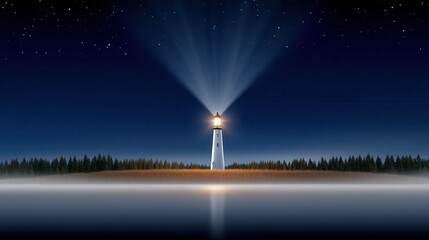 Majestic lighthouse illuminating a serene night sky with stars and fog.