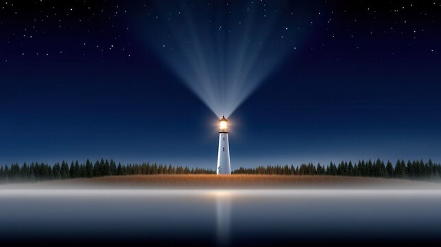 Majestic lighthouse illuminating a serene night sky with stars and fog. - Powered by Adobe