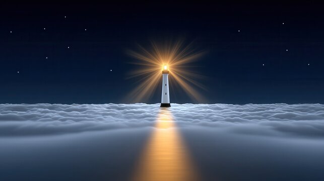 A mesmerizing lighthouse shining brightly above a sea of clouds at night.
