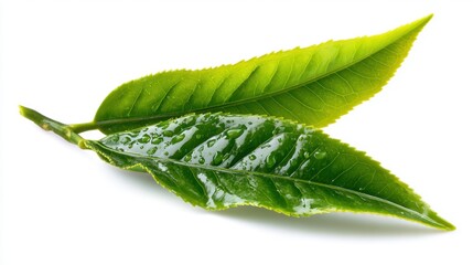 Obraz premium Close-up of vibrant green tropical leaves with detailed veins and glossy , isolated on a white background, showcasing natural plant textures and lush foliage