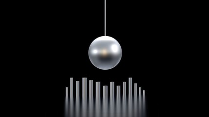 A shiny silver sphere hangs above a wave-like bar graph in a dark setting.