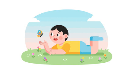 Happy Boy Reaching Out to a Butterfly Lying in a Meadow Illustration