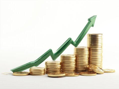 Gold coins stacked in ascending columns with a green upward trend line graph