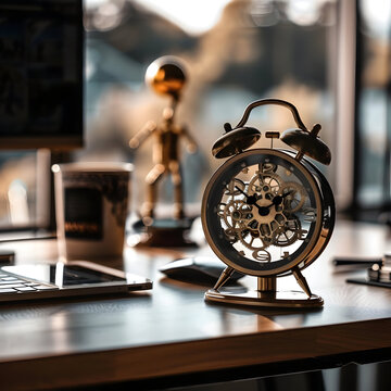 A vintage-style alarm clock with an exposed mechanical gear system is the central focus, sitting on a desk next to a blurred computer and a small sculpture. This image represents themes of time, preci