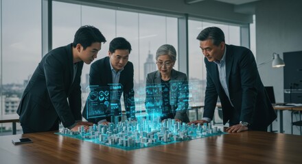 Business strategy meeting with digital models in modern office urban environment collaborative viewpoint