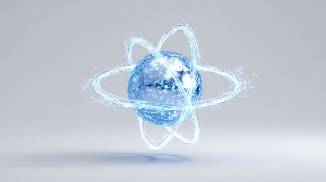 A glowing atomic model hovering in space on a white background -