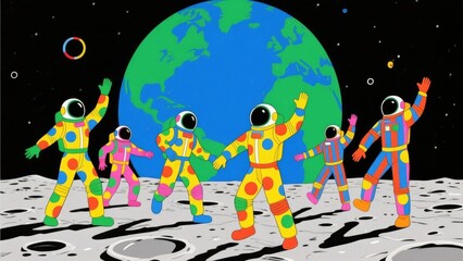 Astronauts in colorful suits dancing on the moon with Earth in the background