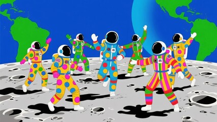 Astronauts in colorful polka-dot suits dancing on the moon with Earth in the background