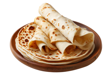 Yemeni malawah flaky buttery bread baked round flatbreads with toasted spots stacked in pile on wooden plate, isolated on white transparent background, concept of traditional bakery