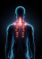 Glowing points highlight the spine and neck area of a human body in a digital health illustration.