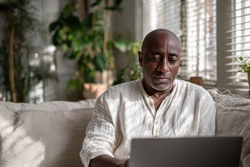 Middle-Aged Man in Casual Attire Working from Home on a Laptop