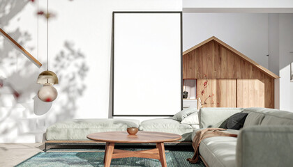 Modern Living Room Poster Frame Mockup with Natural Light and Minimalist Decoration. 3D render.furniture, living room, sofa, chair, comfortable, illustration, modern, apartment, bright, decoration,
