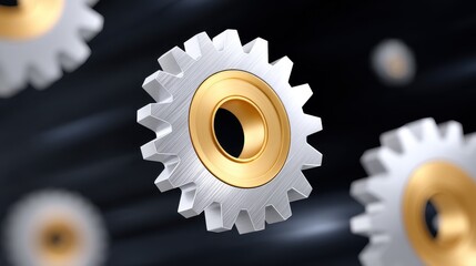 Three metallic gears with gold accents on a sleek black background