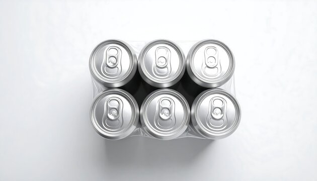 Six Pack of Silver Aluminum Cans on White Background, Top View - Powered by Adobe