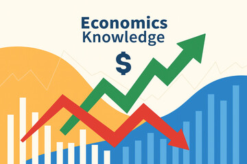 Concept of financial literacy and economics knowledge with upward and downward trend arrows and dollar sign