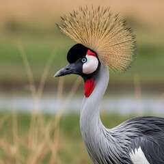 Fototapeta premium Close-up of Grey Crowned Crane's Head and Feathers