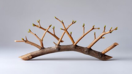 A creative composition featuring a curved branch with budding twigs and vibrant green shoots.