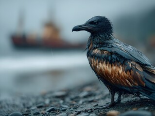 Fototapeta premium Seabird Drenched in Crude Oil - Eco-Disaster Aftermath on Polluted Beach