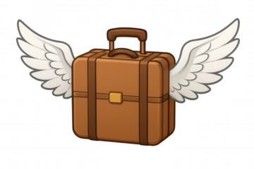 Whimsical brown suitcase soaring with white wings, symbolizing travel liberation against transparent backdrop