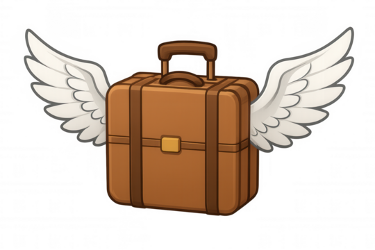 Whimsical brown suitcase soaring with white wings, symbolizing travel liberation against transparent backdrop - Powered by Adobe