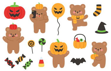 Cute Halloween Bear Character Set with Pumpkins, Candy, and Festive Accessories in Flat Cartoon Style