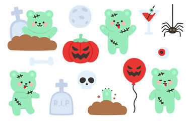 Adorable Halloween Zombie Bear Character Set with Pumpkins, Bones, and Spooky Graveyard Elements