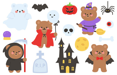 Cute Halloween Bear Characters with Ghost, Vampire, Witch, Grim Reaper, and Haunted House Elements in Cartoon Style