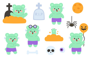 Obraz premium Frankenstein Halloween Bear Character Set with Graveyard, Tombstones, and Creepy Accessories