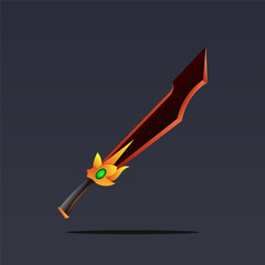 Fantasy sword illustration with red blade and ornate golden hilt