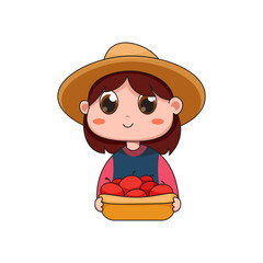 Cute girl farmer holding basket of apples illustration