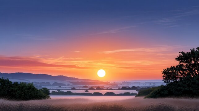 Beautiful sunrise over a misty valley, with vibrant orange and purple hues in the sky. - Powered by Adobe